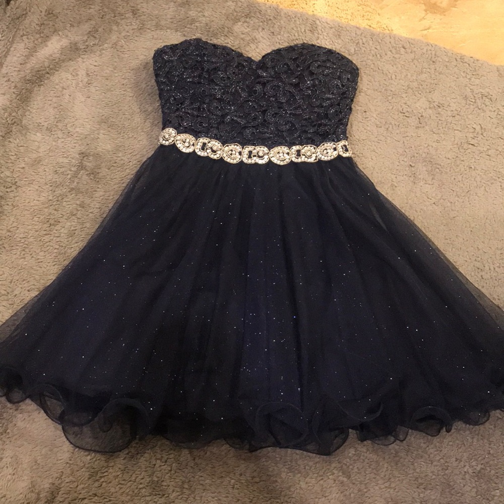 Navy blue sequined strapless Homecoming dress